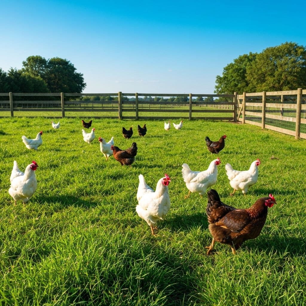 Happy chickens free-roaming in pasture